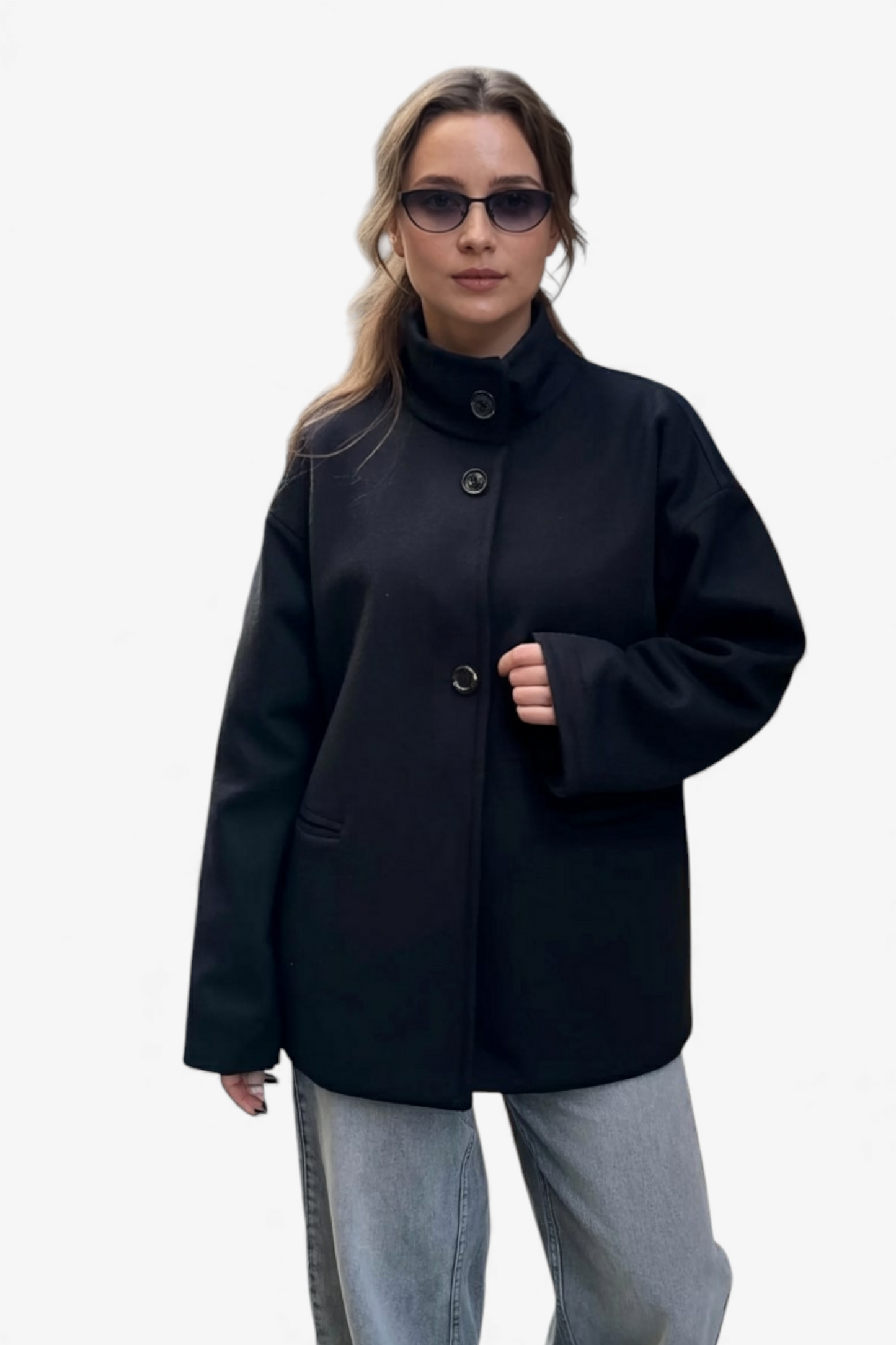 STRUKTURIRAN PLAŠČ Z VISOKIM OVRATNIKOM IN SPROŠČENO SILHUETO