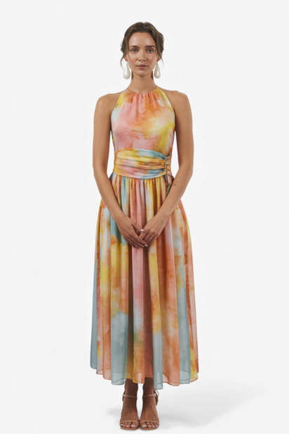 MAKSI OBLEKA Z AKVARELIM POTISKOM IN HALTER IZREZOM