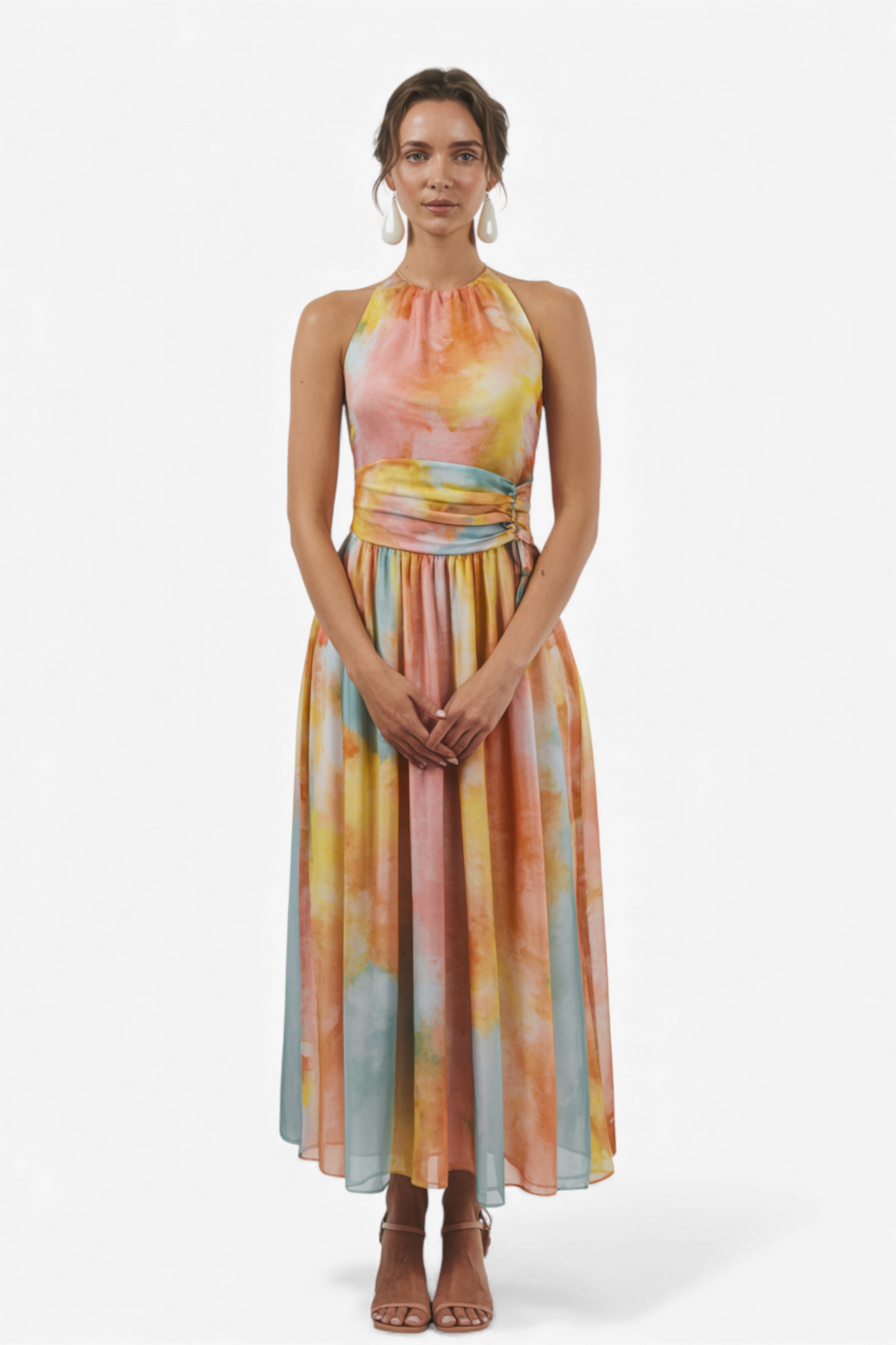 MAKSI OBLEKA Z AKVARELIM POTISKOM IN HALTER IZREZOM