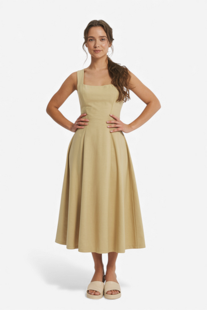 MIDI OBLEKA OPRIJETEGA KROJA S KVADRATNIM IZREZOM