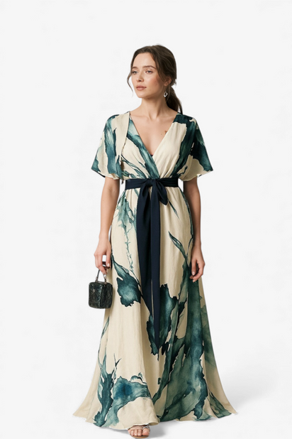 DOLGA OBLEKA Z ABSTRAKTNIM POTISKOM IN PASOM