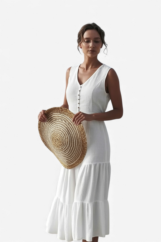 MIDI OBLEKA Z IZREZOM V IN SPREDNJIMI GUMBI