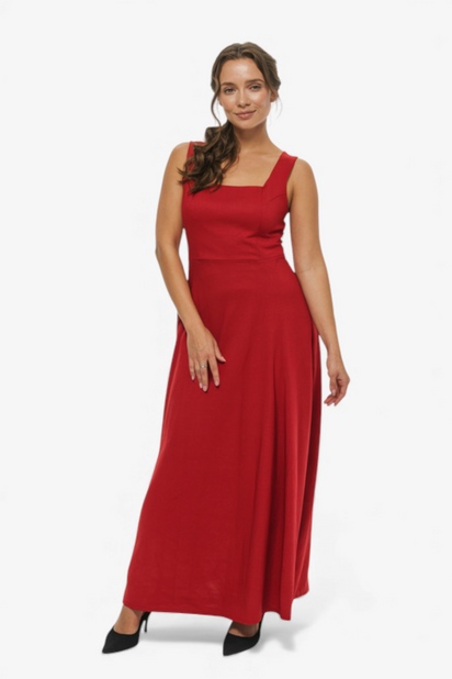 MIDI OBLEKA OPRIJETEGA KROJA S KVADRATNIM IZREZOM