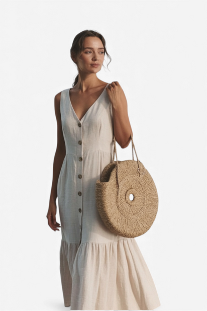 MIDI OBLEKA Z IZREZOM V IN SPREDNJIMI GUMBI