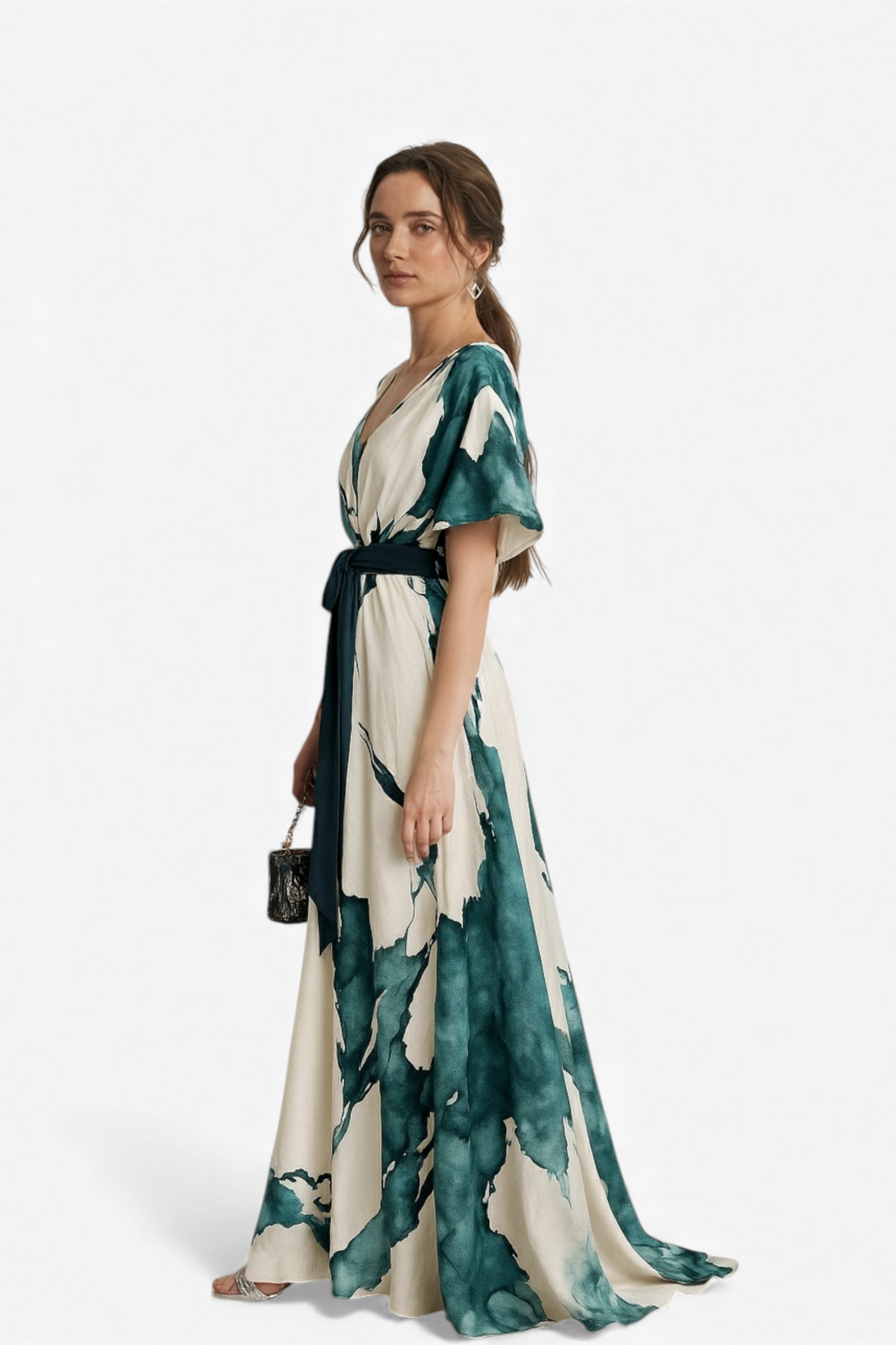 DOLGA OBLEKA Z ABSTRAKTNIM POTISKOM IN PASOM