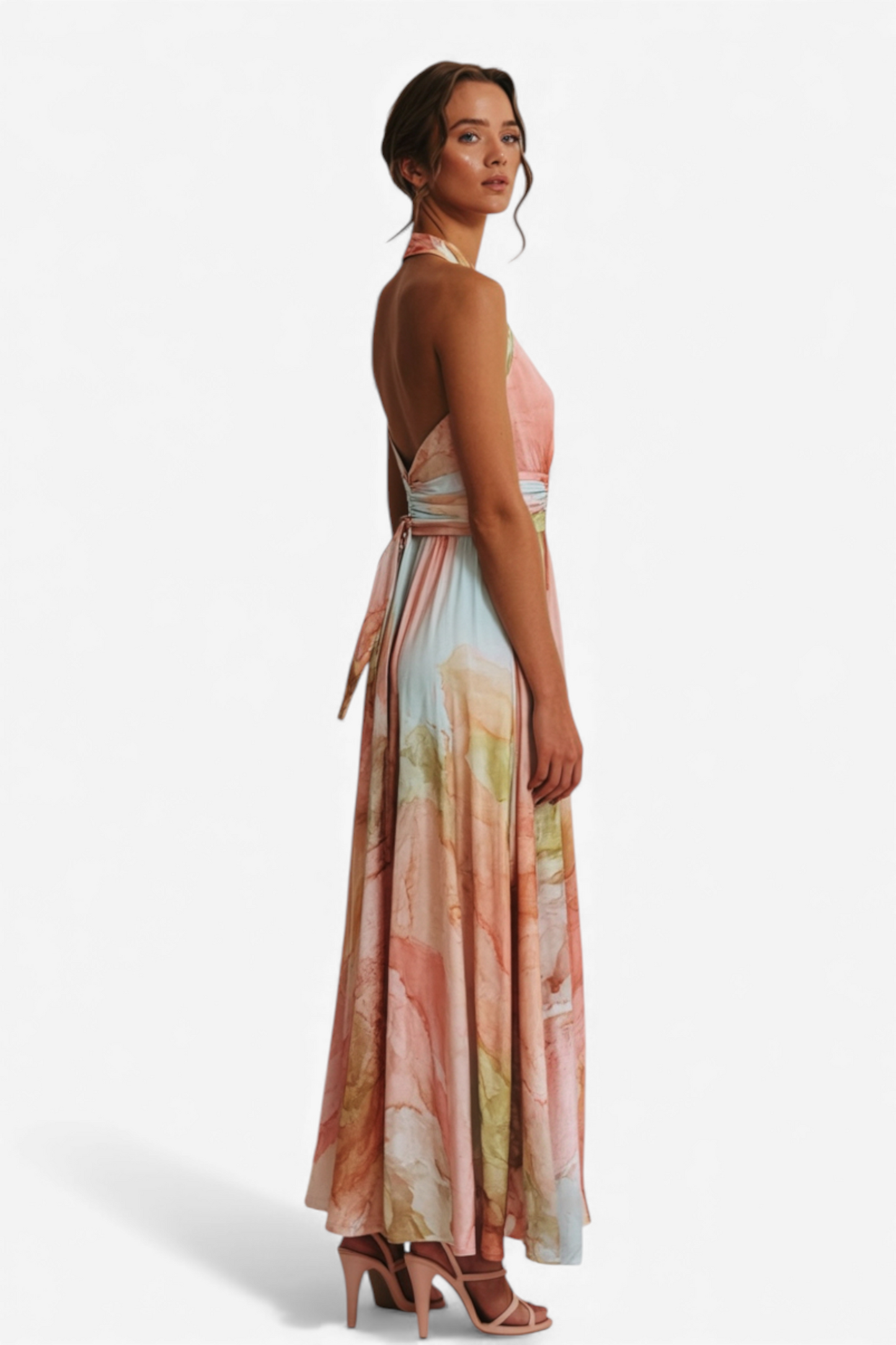 MAKSI OBLEKA Z AKVARELIM POTISKOM IN HALTER IZREZOM