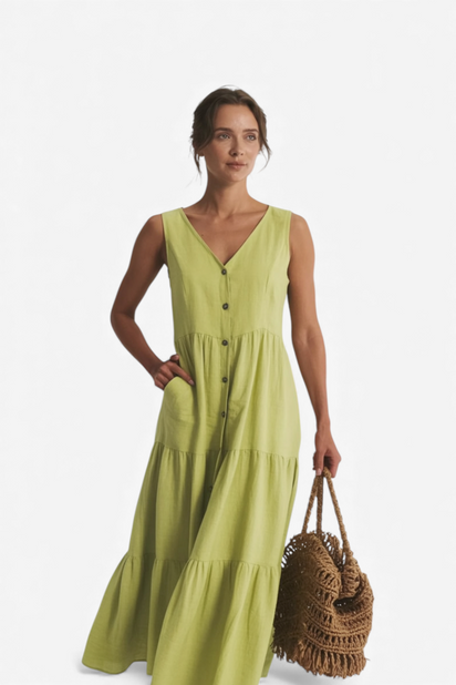 MIDI OBLEKA Z IZREZOM V IN SPREDNJIMI GUMBI